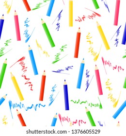 Pattern of colored pencils, seamless pattern, bright color, white background, back to school, children design, vector illustration.