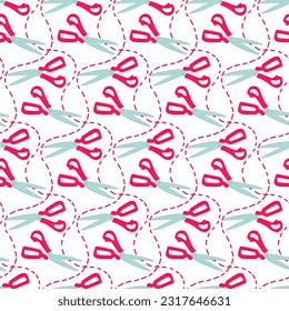 Un patrón de tijeras de coser rosadas de color con un contorno para cortar. Modelo de tijeras. Ilustración vectorial. Impresión sobre textiles y papel, sin soldadura sobre fondo blanco
