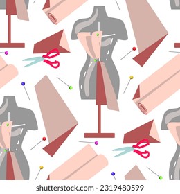 Pattern of colored pink sewing scissors, fabric, needle, mannequin. Modeling of a dress. Vector illustration. Printing on textiles and paper, seamless on a white background