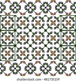 pattern of colored pixels in a geometric floral style. For Print on textiles, tableware, home decor. Vector illustration