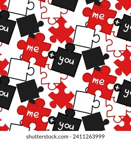 A pattern with colored puzzle elements with the words me you. Red, black, white colors. valentine's day. Collect, search, build. Matching puzzles are scattered randomly