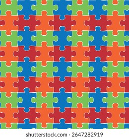 A pattern of colored puzzle pieces.  Green, orange, blue and red puzzle elements. Vector drawing for printing and printmaking.