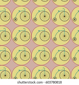 Pattern with colored retro bicycles in the circles on the pink background