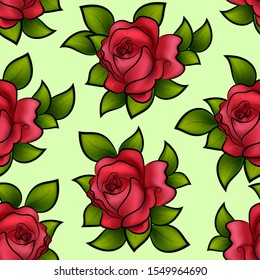 Pattern of colored roses and leaves.Colored roses in a pattern on a colored background.