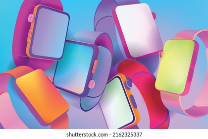 Pattern of colored smart watches. Vector banner