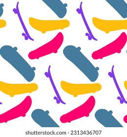 Ein Muster mit farbigen Flecken in Form von Skateboarden. Die Textur des Skatebounds. Illustration von Doodles für Skateboarden. Vektornahtlose Wiederholung von Mustern für den Druck auf Textilien, Papier