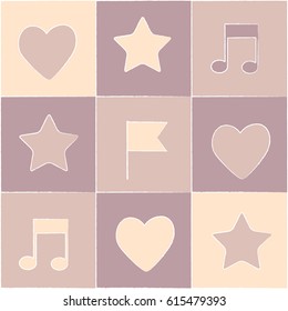 Pattern colored squares with a heart, a star and notes for wrapping paper or fabric purple colors, vector illustration