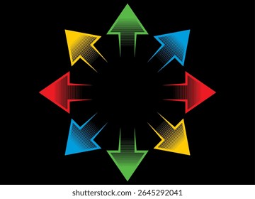 Padrão de setas listradas coloridas em um plano de fundo preto que divergem do centro em diferentes direções. Elemento de projeto de navegação, indicador de mudança de direção Fundo do vetor. Estrela, círculo, Epicenter
