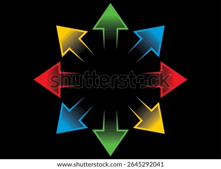 Pattern of colored striped arrows on a black background that diverge from the center in different directions. Navigation design element, Direction indicator. Vector background. Star, circle, Epicenter