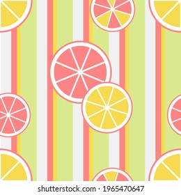 Pattern colored stripes with slices of orange and lemon. Summer background. Banner, poster, poster, background. Vector illustration