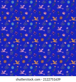 A pattern of colored stylized flowers and fabulous birds