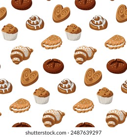 Pattern of colored sweet pastries, a natural illustration. Delicate color scheme. Delicious sweet pastries made from different types of dough. Suitable for packaging cafes, bakeries. Delicious dough