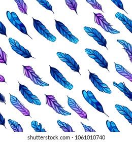 Pattern of colored vector feathers isolated on white background
