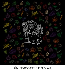 pattern of colored vegetables with a black background. in the middle of the goddess of fertility