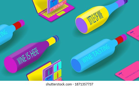 Pattern of colored wine bottles laptop and customer's plastic card. Vector banner