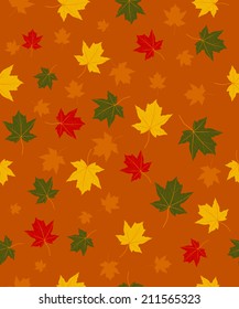 pattern of colorful autumn leaves on a orange background, vector