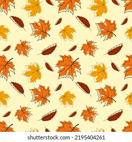 Pattern With Colorful Autumn Leaves, Outline And Paint, In Cartoon Style. Ideal For Packaging, Notebooks, School Supplies, Children's Clothing