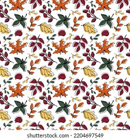Pattern of colorful autumn leaves. Autumn vector seamless pattern. Fabric print. Autumn leaves. October. November. Colored background. Holidays.