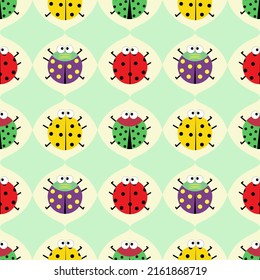 Pattern with colorful beetles. Vector illustration on a decorative background. For prints, covers and flyers, products for children, fabrics and packaging, various decor.