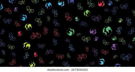 Un patrón de bicicletas y globos de colores sobre un fondo negro.