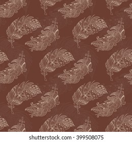 Pattern colorful bird feathers in zen tangle style on the dark background. Vector