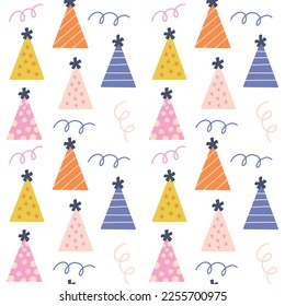 Pattern colorful birthday cap. Festive background Birth Day hubcap and confetti for kids