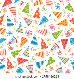 Pattern with colorful birthday caps. For birthday party. Design concept for holidays greeting cards, festival decoration, gift card. Vector party backdrop