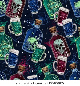 Pattern with colorful bottles of poison with human skull inside, beer glass with with potion. Pentagram sign, poison splashes on black background. Halloween creepy graphics