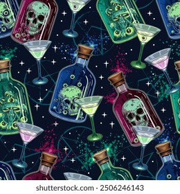 Pattern with colorful bottles of potion with human skull inside, martini glass with with poisonous cocktail. Pentagram sign, poison splashes on black background. Halloween creepy graphics