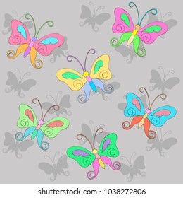 Pattern with colorful Butterfly on a gray background with shadow