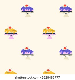 Patrón con rebanadas de pastel de colores en soportes de pastel con cerezas. Ideal para embalajes, fondos y diseños relacionados con postres