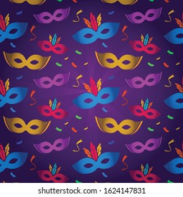 Pattern of colorful carnival masks on purple background