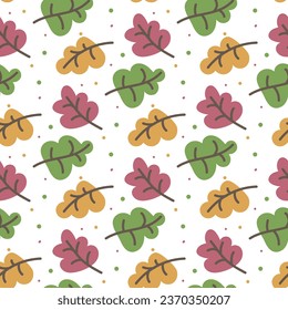Pattern colorful cartoon autumn leaves falling on a white background. Autumn seamless texture for printing on textiles and paper. Children's ornament made of yellow, green, purple