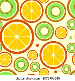 Pattern of colorful cartoon fruit icons; orange, kiwi