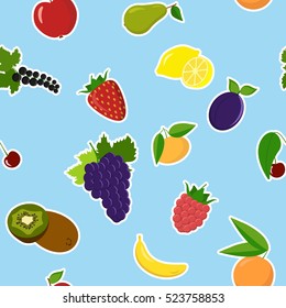 Pattern of colorful cartoon fruit icons: apple, pear, strawberry, orange, peach, plum, banana, grapes, cherry kiwi lemon currant raspberry Vector illustration seamless background