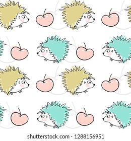 Pattern with colorful cartoon hedgehogs on white background.EPS10