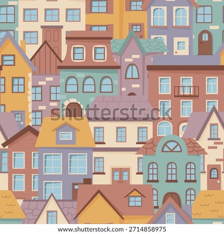 Pattern of colorful cartoon houses in flat style on a white background, concept of city living and architecture. Vector illustration