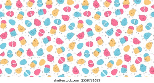 Pattern colorful chickens, repeating background. Animals, poultry. Set of little chickens, painted eggs. Hand drawn linear doodle icons. Easter design, seamless texture.