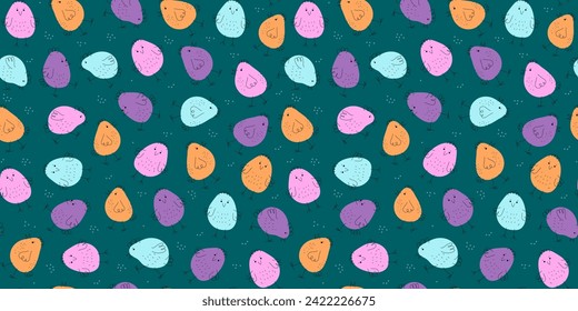 Pattern of colorful chicks. Cartoon funny chicks. Hand drawn linear icons. Easter design. Animals, doodle style. Domestic bird. Vector illustration. Seamless background.