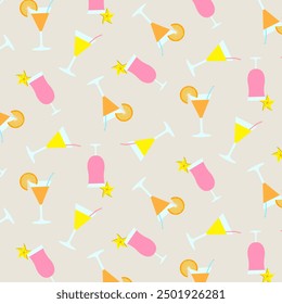Pattern with colorful cocktails.Vector seamless pattern with glasses of drinks on a pink background.