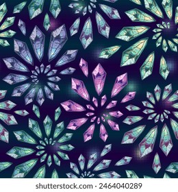 Patrón con gemas de cristal de colores sobre fondo oscuro. Mágicos, brillantes minerales en el interior. Fractal, adorno en espiral. Fantasía, concepto místico. Paleta de colores cool. estilo Antiguas
