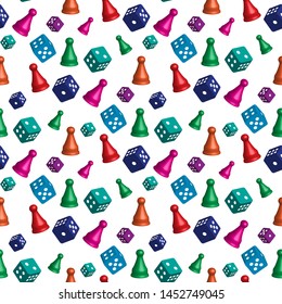 Pattern of colorful cubes and pawns for the game. Seamless pattern on an isolated white background.