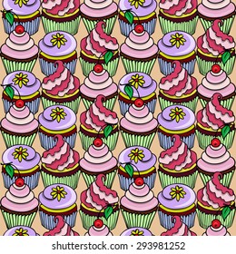 Pattern with colorful cupcakes decorated  cream, yellow flowers, cherry on the pink background