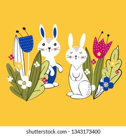 Pattern. Colorful and cute rabbits beween spring or summer flowers. Vector illustartion