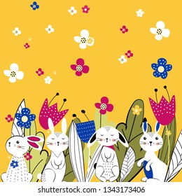 Pattern. Colorful and cute rabbits beween spring or summer flowers. Vector illustartion