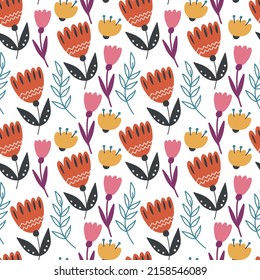 Pattern colorful decorative flower buds. Botanical Plant background hand drawn doodle naive vector art. Cute digital paper fabric textile wallpaper