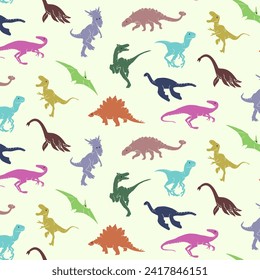 Pattern with colorful dinosaurs.Vector seamless pattern with colorful dinosaurs on a colored background.