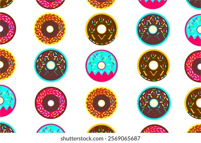 The pattern of colorful donut pattern with various frosting and sprinkle designs. Donuts pattern background. Perfect for textile, fabric, packaging product, backdrop, wallpaper and wrapping paper.