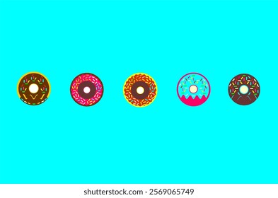 The pattern of colorful donut pattern with various frosting and sprinkle designs. Donuts pattern background. Perfect for textile, fabric, packaging product, backdrop, wallpaper and wrapping paper.