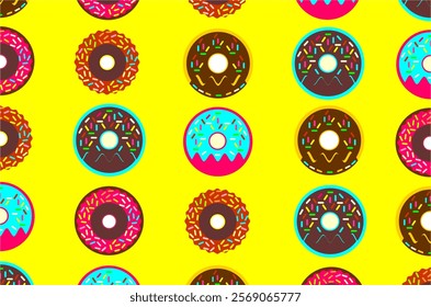 The pattern of colorful donut pattern with various frosting and sprinkle designs. Donuts pattern background. Perfect for textile, fabric, packaging product, backdrop, wallpaper and wrapping paper.